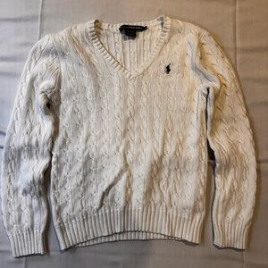 Ralph Lauren White V-Neck Cable Knit Sweater